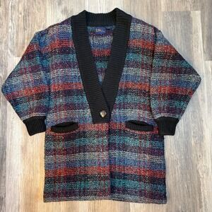 Vintage LeRoy Knitwear Cozy Plaid Button Cardigan Sweater Coat Women's Size L